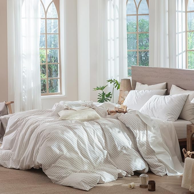 MooMee Striped Duvet Cover Set 100% Washed Cotton Linen Like Textured Breathable Durable Soft Comfy (White Orange Wide Stripes, Full 80"x90")