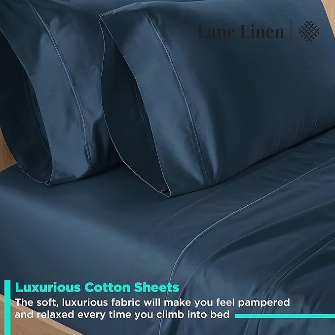 LANE LINEN Queen Bed Sheets - Pemium 600 Thread Count Long Staple 100% Cotton Sheets Queen Size Bed Set, Hotel Luxury Sateen Finish, 15" Deep Pocket Fitted Sheet, Cool & Durable - Denim