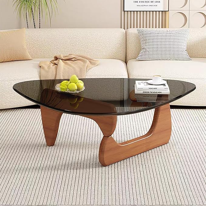 Modern Glass Coffee Table, Mid Century Small Coffee Table, Coffee Table for Living Room,Suitable for Bedroom Living Room Reception Office Tables (Walnut/Grey, Small)