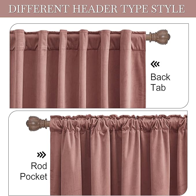 RYB HOME Mauve Velvet Curtains for Living Room, Privacy Small Window Treatment Back Tab Room Darkening Noise Dampening Curtains & Drapes for Kitchen Home Theater, W52 x L108, 2 Pieces
