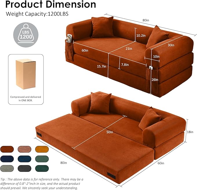 80" Convertible Sofa Bed, 3-in-1 Corduroy Folding Pull Out Couch with Pillows, No Assembly Modern Boneless Couch Compression Sofa in Box, Floor Sofa with Side Storage Pocket for Living Room, Orange