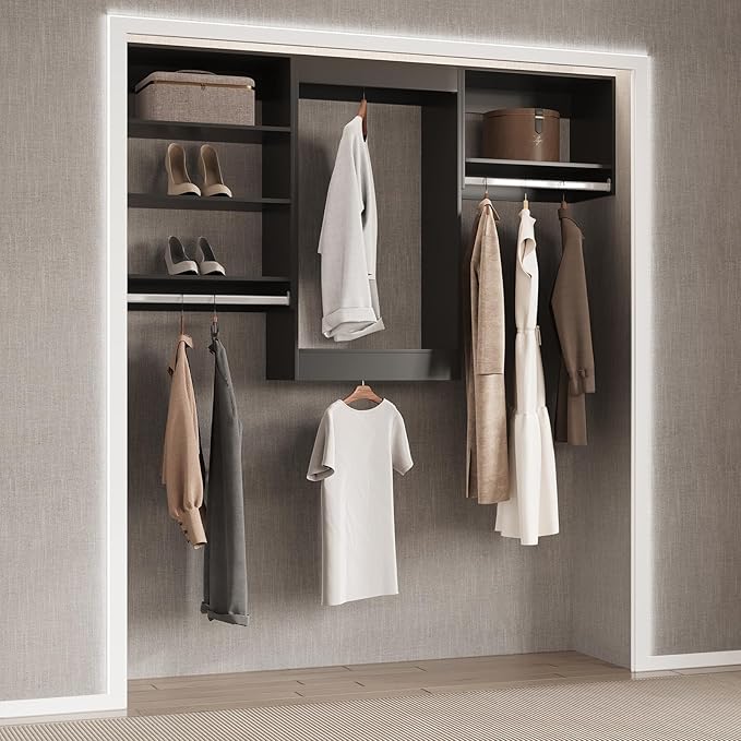 Double Hanging Closet Unit, Modular Closet System, Wood Closet System Organizer with Storage for Walk in Closets, Clothing Rack Wardrobe Closet for Hanging Clothes, Bedroom, Black, 25.5" W