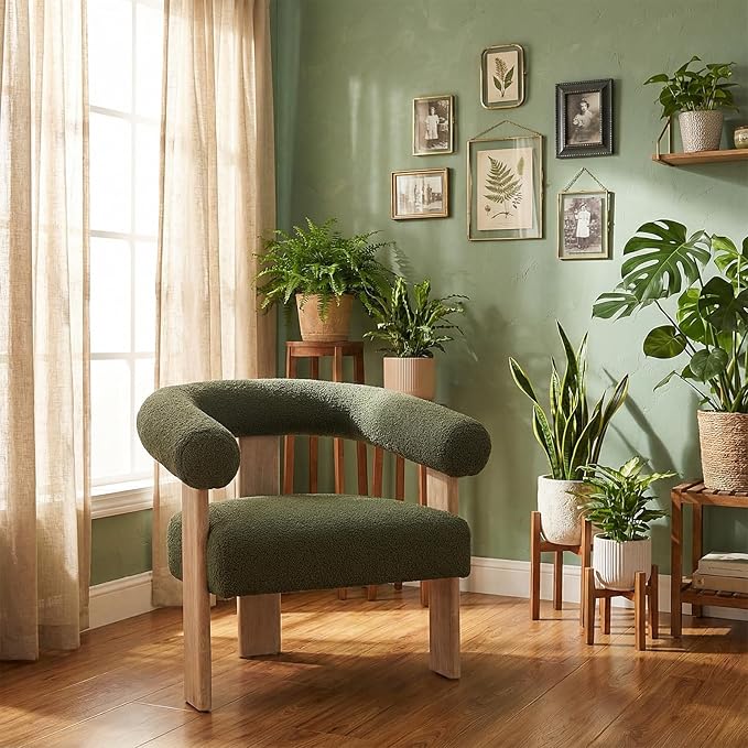 VKNOW Accent Chair Living Room Chair, Modern Upholstered Arm Chair with Solid Wood Legs, Comfy Barrel Accent Chair for Living Room, Bedroom, Green