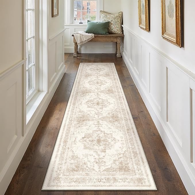 Runner Rug 2x12 Cream Hallway Washable Beige Carpet Non Slip Vintage Medallion Beige Carpet Low Pile Soft Distressed Retro Indoor Long Rug for Entryway Kitchen Bathroom Laundry Bedroom