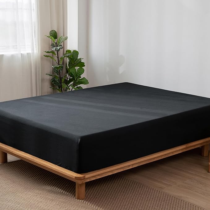 MooMee Fitted Bottom Sheet Only 100% Washed Cotton Linen Like Textured Breathable Durable Soft Comfy Deep Pocket Fits Mattress up to 17" (Black, King)