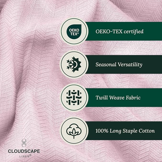 Cloud Scape Linen 100% Cotton Throw Blanket 50x70 Seashell Pink, Luxury All-Season Warmth, Ultra Soft, Oversized Herringbone Gauze Blanket for Winter, Bed, Couch & Sofa Decor, Best Gift Idea