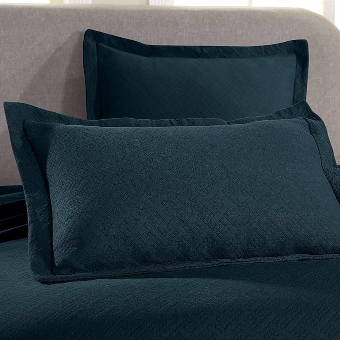Superior 100% Cotton Basket Weave Bedspread with Shams, All-Season Premium Cotton Matelasse Jacquard Bedding, Quilted-Look Geometric Basket, Full, Deep Sea