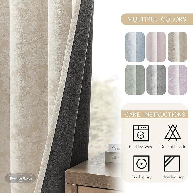 Beauoop Beige Floral Jacquard Blackout Curtains 63 Inches Long 2 Panels for Bedroom Living Room Taupe Flower Chenille Room Darkening Thermal Insulated Soundproof Grommet Window Treatments Drapes 52x63