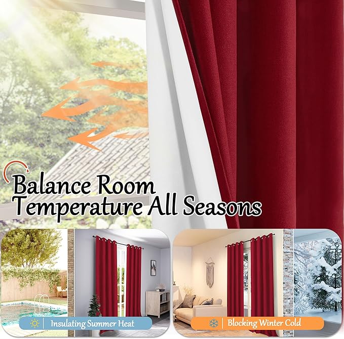 Red Christmas 100% Linen Blackout Curtains 63 Inch Long 2 Panels, Thick Heavy Thermal Insulated Cold Blocking Noise Reducing Window Curtains for Winter Decoration, Each 52x63 Inch 2 Panels