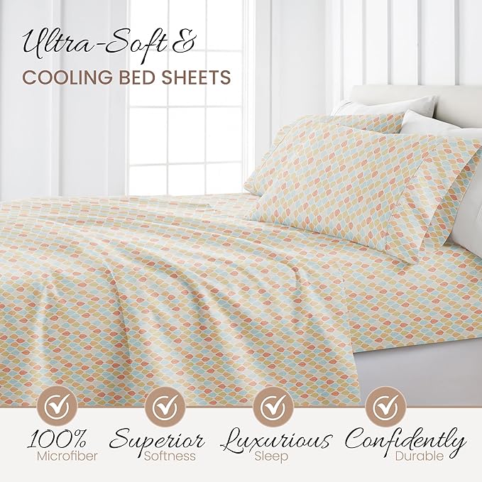 Linen Market Patterned Microfiber King Sheet Set 4 Piece – Oeko-TEX Certified Ultra Soft & Wrinkle-Free - 16" Deep Pocket Sheets - Easy Care King Size - Fall Foliage Yellow