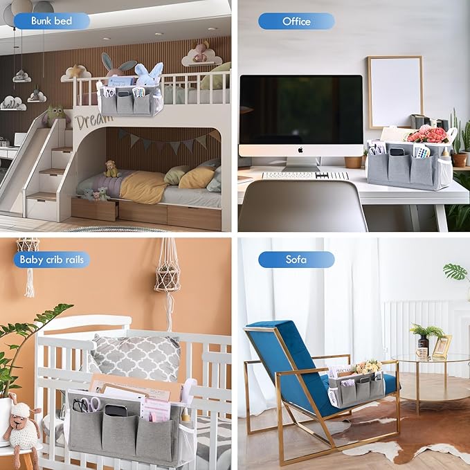 3 Pcs Bedside Caddy Storage Organizer, Bedside Hanging Storage Bag with Pockets and Fixed Straps for Bunk Bed Shelf Dorm Rooms Crib Bed Rails Hospital Beds, Can Be Placed Glasses Books