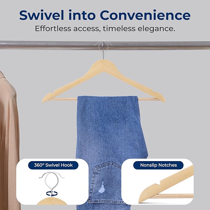 SereneLife 10-Pack Wooden Coat Hangers – Durable Suit Hangers with 360° Swivel Hook & Notches – Slim Design for Sweater, Shirts, Jackets, Dresses, and More