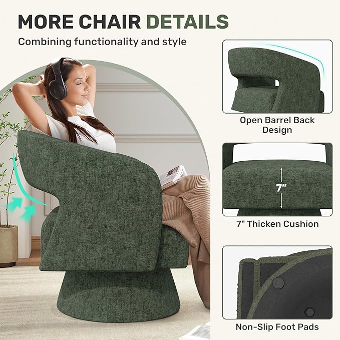 Swivel Accent Chair Set of 4, Modern Comfy Chenille Barrel Chairs, Oversized Upholstered Round Arm Chair for Living Room, Bedroom, Reading Room, Green
