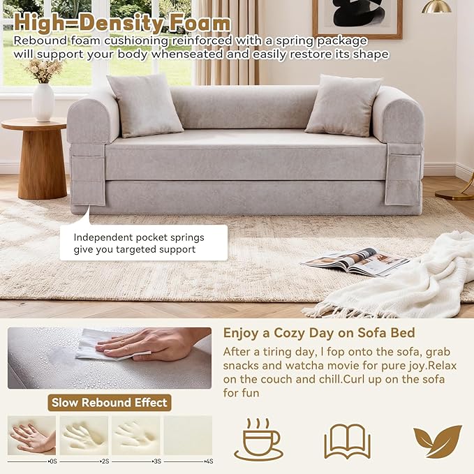 Convertible Sleeper Sofa Bed,78.5 Inch Faux Leather Futon Couch with Pillows & Storage Pocket,5-in-1 Folding Sofa Bed Queen with Pull Out Beds,Boneless Couches for Living Room,Couch in a Box,Beige
