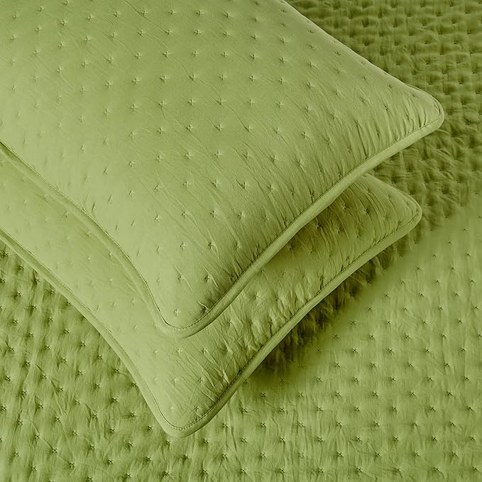 Amazon Basics Brushed Microfiber Quilt Set, Extra Soft with Natural Texture, 3-Piece,Queen/Full, Green