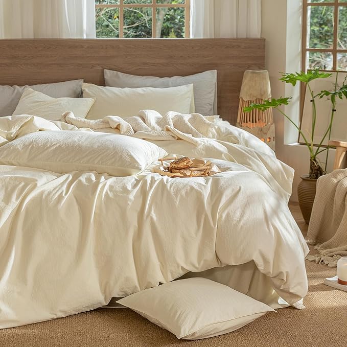 MooMee Wavy Striped Duvet Cover Set 100% Washed Cotton Linen Like Textured Breathable Durable Soft Comfy (Cream White, Oversized King Plus 128"x120")