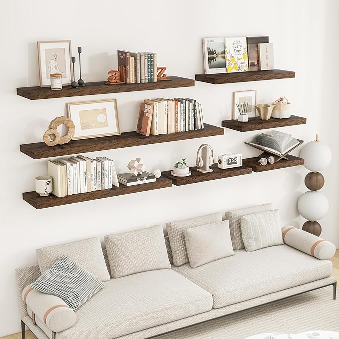 RICHFOCUS 72Inch Floating Shelves for Wall 2 Pack Shelves for Bedroom|Kitchen|Bathroom Wall Mounted Rustic Wood Floating Shelf with Invisible Brackets for Books|Storage|Decor, Rustic Brown