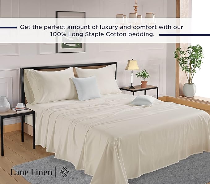 LANE LINEN Bed Sheets Queen Size – Premium 600 Thread Count Long-Staple 100% Cotton Sheets Queen Size Set, Hotel Luxury Soft & Cool Sateen Finish, Fully Elasticized 15" Deep Pocket – Ivory