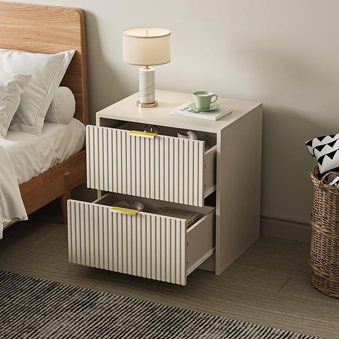 Set of 2 Fluted Nightstand with 2 Drawers, Modern Storage Bedside Table with Golden Metal Handles, Wooden End Table for Bedroom, Beige