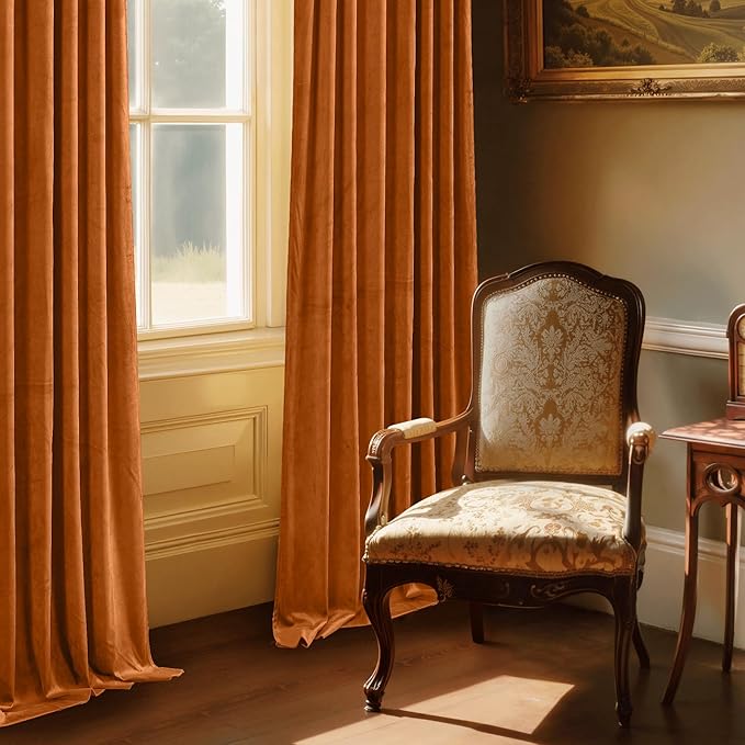 StangH Orange Velvet Curtains 108 inches Long, Extra Long Luxury Home Decor Room Darkening Energy Saving Window Treatment Holiday Backdrops for Party, W52 x L108, 2 Panels