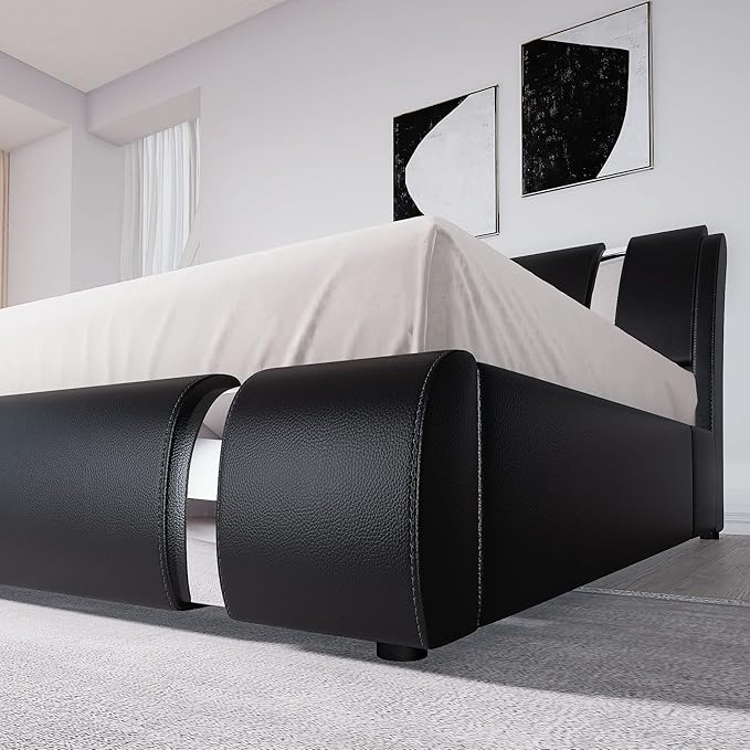 Allewie Queen Bed Frame with Iron Piece Decor, Faux Leather Upholstered Platform Bed with Adjustable Headboard & Strong Wooden Slats, No Box Spring Needed, Black