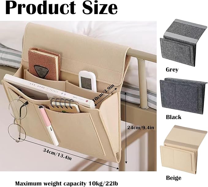 Bedside Caddy, 5 Pockets Felt Bedside Storage Organizer, Hanging Storage Organizer for Home Bedroom Living Room College Dorm Bed Water Bottles, Magazines, Phone, Glasses (Black)