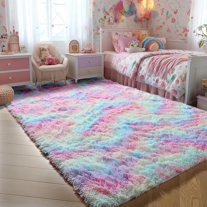 PAGISOFE 4x6 Rainbow Fluffy Soft Plush Area Rugs for Girls Bedroom, Shaggy Rugs for Kids Playroom,Kawaii Princess Fuzzy Rugs for Nursery Baby Toddler,Cute Colorful Room Decor for Teenage