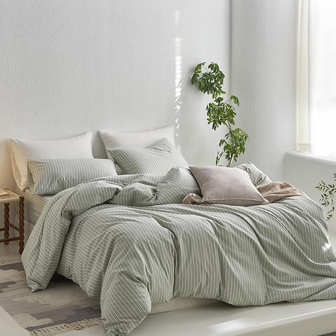 MooMee Striped Duvet Cover Set 100% Washed Cotton Linen Like Textured Breathable Durable Soft Comfy (Sage Green White Wide Stripes, Oversized King Plus 128"x120")