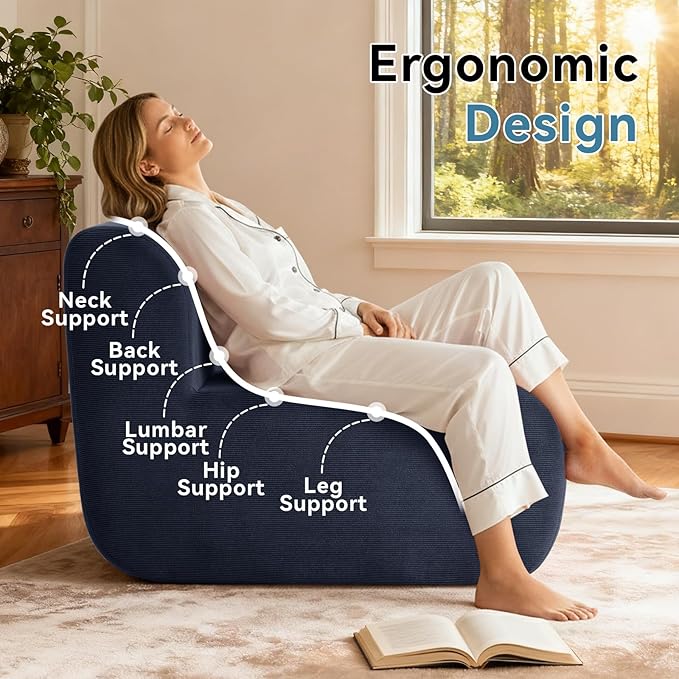Single Boneless Chairs,Fireside Beanbag Chair Upholstered Cloud Sofa Chair,Corduroy Floor Couch Boneless Couch for Living Room,Memory Foam Lounge Chair for Bedroom,Deep Blue