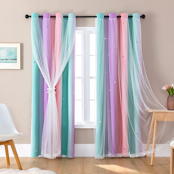 XiDi Curtains for Bedroom Decor, Rainbow Pink Purple Green 42/54/1