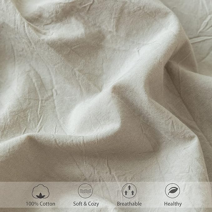 MooMee Fitted Bottom Sheet Only 100% Washed Cotton Linen Like Textured Breathable Durable Soft Comfy Deep Pocket Fits Mattress up to 17" (Cream Grey, Queen)
