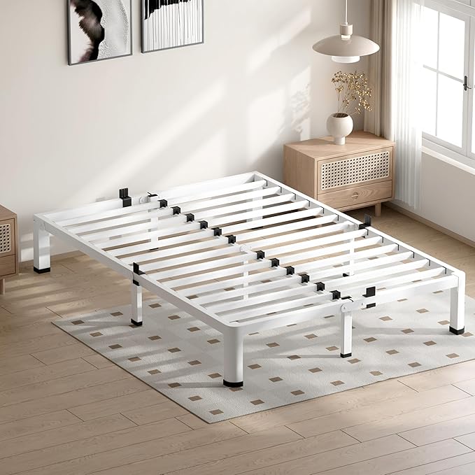 10 Inch White King Size Bed Frame, 3500Lbs Heavy Duty Metal Platform with Round Corner Legs Mattress Slide Stopper, Steel Slat Support No Box Spring Needed, Noise Free, Non-Slip, Easy Assembly
