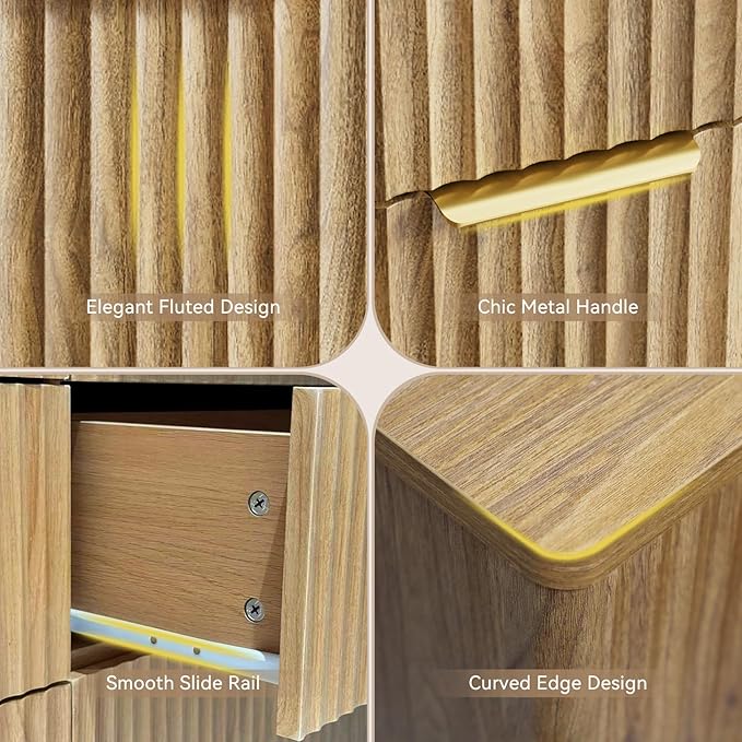 CARPETNAL Fluted 5 Drawers Dresser for Bedroom, 45" Tall Wooden Chest of Drawers with Rounded Corners, Gold Handles, Modern Storage Organizer for Bedroom, Hallway (Oak)