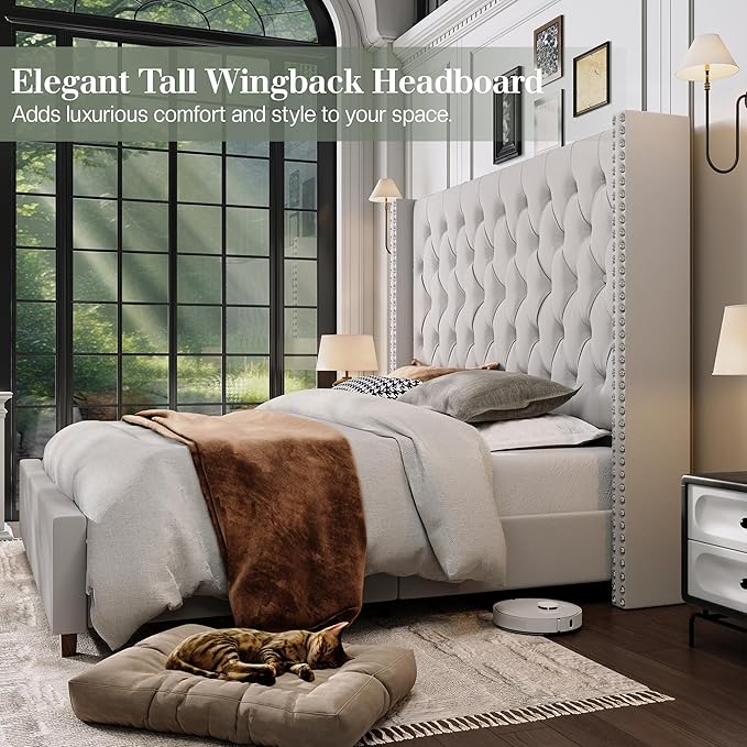 Jocisland Queen Size Bed Frame with 61.4" Tall Headboard, Velvet Upholstered Wingback Platform Design, Handcrafted Pleats& Deep Button Tufted, Solid Wood Legs, No Box Spring Needed, Cream