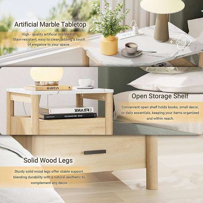 FavourLife Night Stand Set 2, 20" Wide Nightstands Set of 2, Nightstand with Charging Station & Faux Marble Top, 2 Drawer End Table with Solid Round Post Legs, Bedside Table for Bedroom, Natural Oak