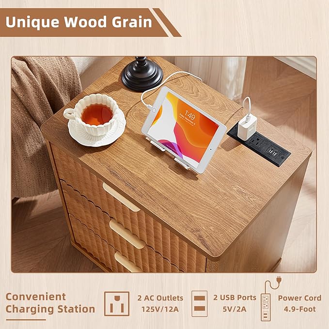 LEYAOYAO 42" Tall Fluted Dresser and 3 Drawers 23" Nightstand Set of 2, Wooden Dresser & Night Stand with Charging Station, 3 Piece Bedroom Furniture Set, Wood Chest of Drawer for Living Room,Brown