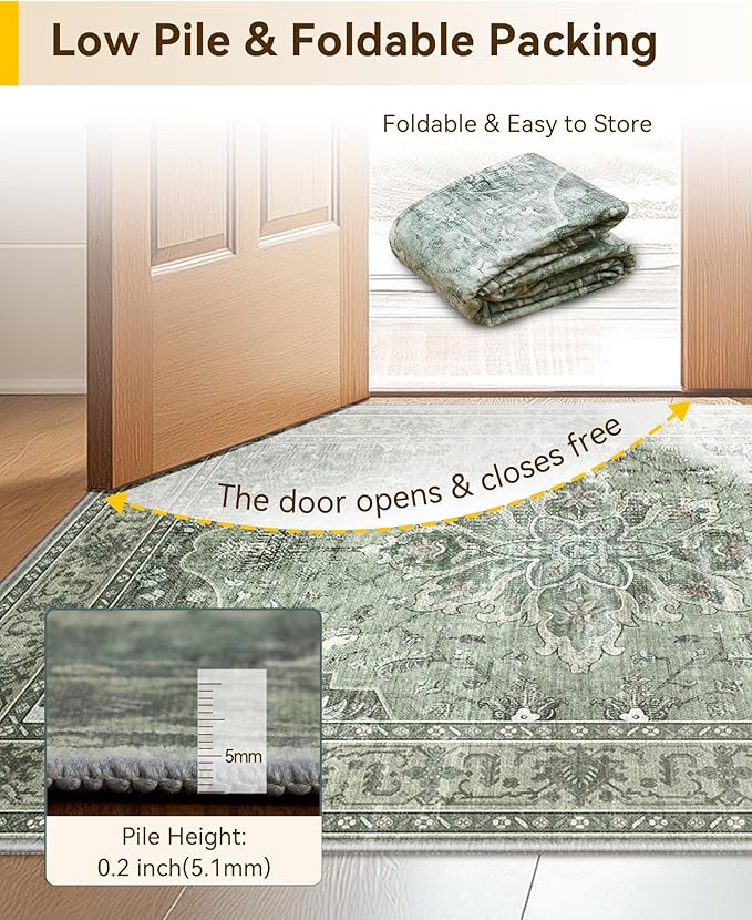 Area Rugs 2'6''x12' Washable Non-Slip, Floral Vintage Distress Print Pattern Medallion Carpet for Living Room Bedroom Dining Room, Dark Green Gray