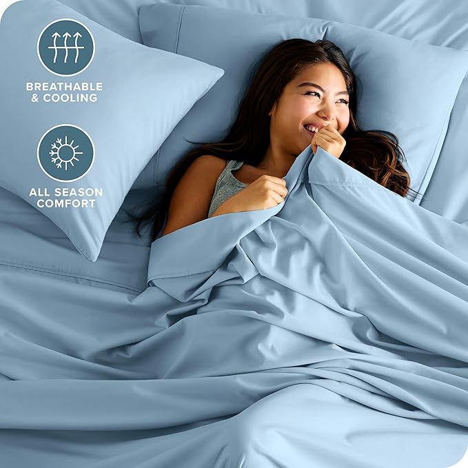 Bare Home Hotel Luxury Full XL Sheet Set, Extra Soft - 6 Piece Set - Deep Pockets - Easy Fit - Cooling & Breathable - Wrinkle, Fade, Stain Resistant - Includes 4 Pillowcases (Full XL, Light Blue)