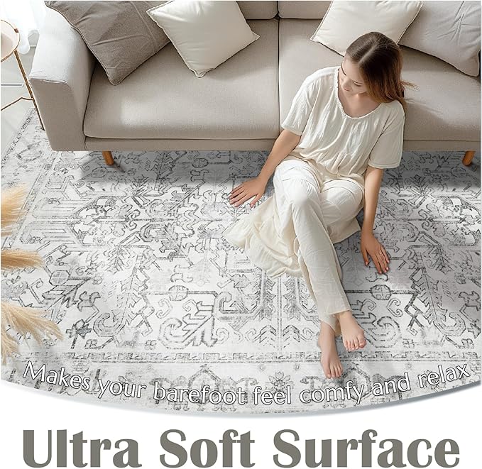 jinchan Lima Hallway Runner Rug 3x8 Washable - Vintage Floral Non Slip Low-Pile Soft Ultra-Thin Faux Wool Kitchen Rug Distressed Carpet Runner for Farmhouse Bedroom Laundry (3x8ft, Grey)