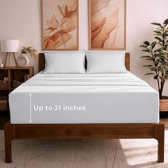 Mellanni Full Sheet Set - 6-Piece Iconic Collection Bedding, (Including 4 Pillowcases), 21-Inch Extra Deep Pocket, Easy Care, Ultra Soft, Cooling Sheets, Brushed Microfiber - White