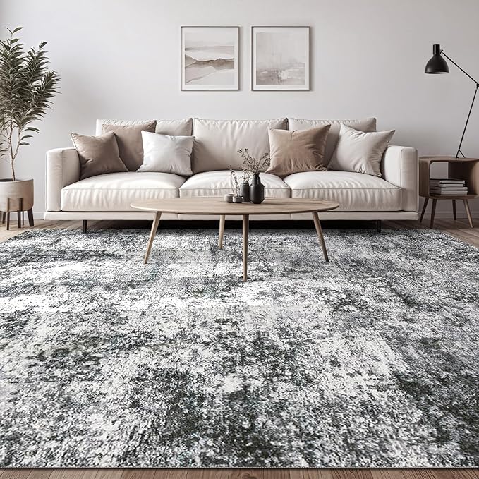 Area Rug Living Room Rugs - 10x12 Washable Large Soft Indoor Neutral Modern Abstract Low Pile Rug Carpet for Bedroom Dining Room Farmhouse Home Office - Grey