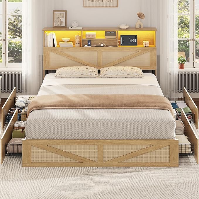 VIAGDO Rattan Bed Frame Full Size with Bookcase Storage Headboard, Charging Station and LED Lights, Wooden Full Bed Frame with 4 Drawers, Barn Door Design, No Box Spring Needed, No Noise, Natural