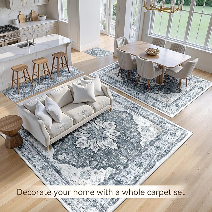 Area Rugs 10'x12' Washable Non-Slip, Floral Vintage Distress Print Pattern Medallion Carpet for Living Room Bedroom Dining Room, Light Gray Grey White