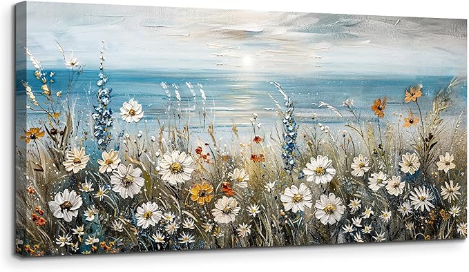 SERIMINO Coastal Landscape Wall Art Prints, Beach Daisy Large Canvas Prints, Wildflowers Paintings Modern Farmhouse Decor, Floral Pictures Wall Decor Living Room Dining Room Kitchen 20"X40"