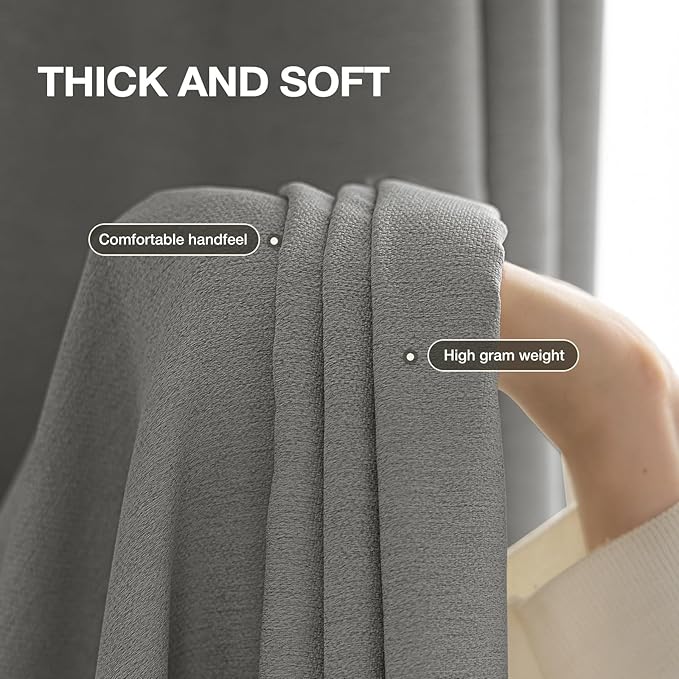 100% Blackout Curtains 96 inch Length 2 Panels for Living Room, Linen-Look Textured Room Darkening Thermal Insulated Noise Reduction Farmhouse Drapes for Bedroom (W52xL96, Grey)