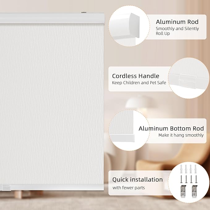 ChrisDowa Cordless Blackout Roller Shades for Windows, Striped Free-Stop Window Blinds with Privacy, Thermal Insulated Window Shades for Home, Office and Door. White, 24" W x 72" H