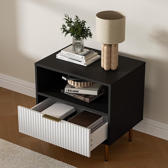 Nightstand with Drawer, End Table with Storage, Bed Side Table with Open Space for Bedroom, Modern Nightstand with Golden Handle, Side Night Stand for Bedroom, Living Room, Black & White