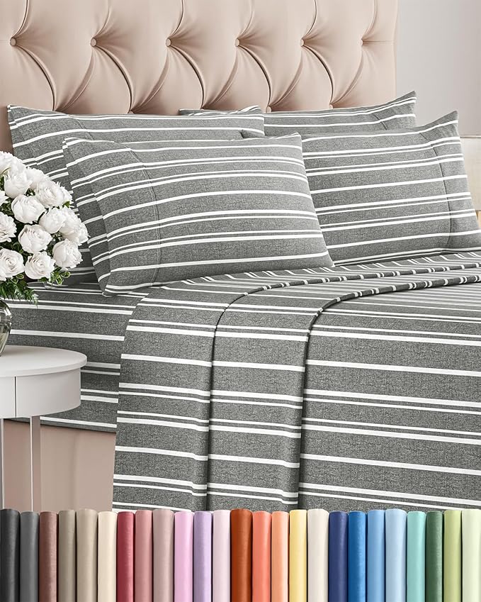 King 6 Piece Sheet Set - Cooling, Comfy & Breathable - Hotel Luxury Bedding, Includes Fitted Sheet for Women, Men, Kids & Teens - 1 Flat, 1 Fitted Sheet, 4 Pillowcases w/Deep Pockets - Grey Stripes