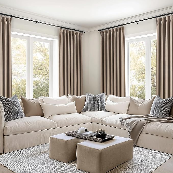 Topfinel Extra Long Total Blackout Linen Curtains 108 Inches Long for Living Room Large Window with Hooks Rings, Pinch Pleated Cold Blocking Acoustic Heavy Taupe Track Curtains 2 Panels 9 FT