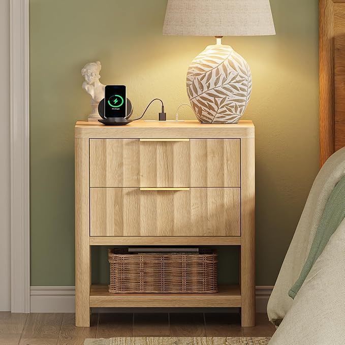 Huuger 27.6 Inch Tall Night Stand with Charger Station, USB-C Port, Fluted Nightstand with 2 Deep Drawers, Larger Wider Bed Side Table with Open Shelf, Bedroom Living Room End Table, Natural